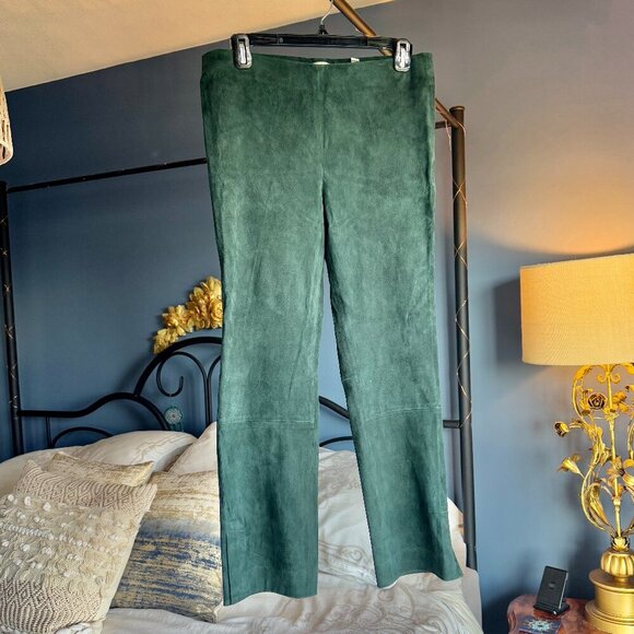 Vince 100% Lamb Leather Suede Forest Green Split Hem Leggings - Picture 2 of 11